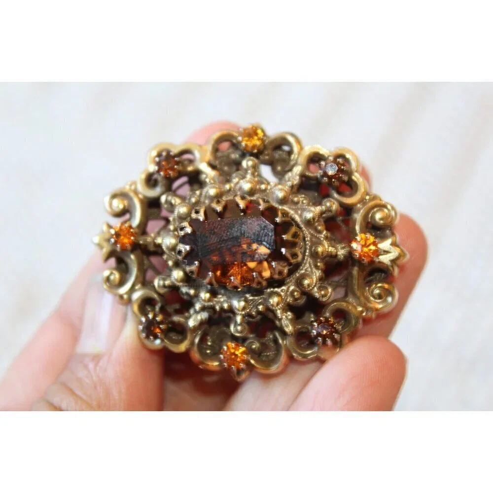 Vtg 80's Victorian Pendant & brooch Signed Hobe Had 20.7g Garnet Rhinestone - Picture 11 of 11